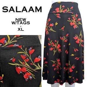 NEW Salaam Flappy Black & Bold Red Floral A-Line Flowy Stretch Skirt Size XL